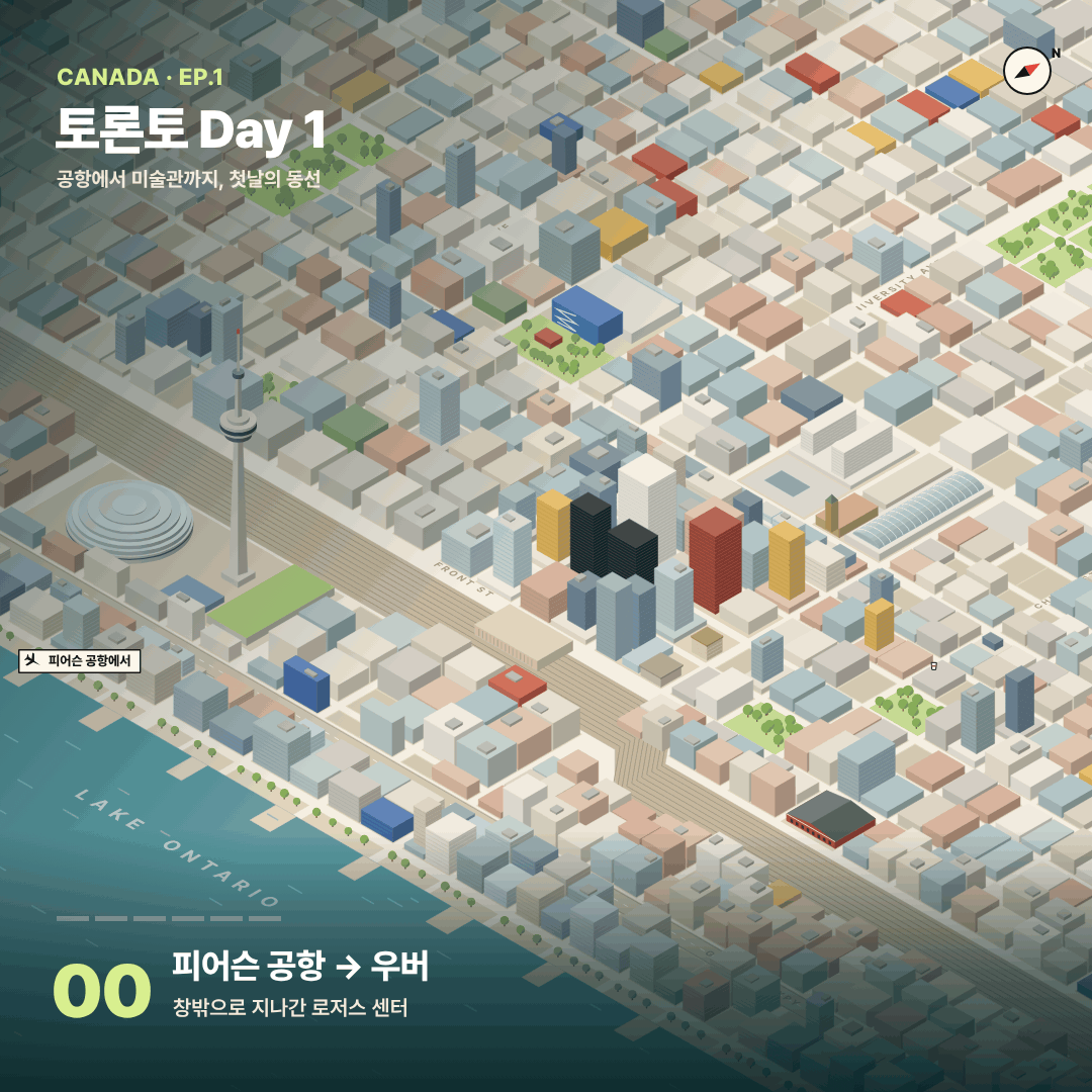 토론토 첫날 동선 개략도: 공항에서 호텔 빅토리아, 하키 명예의 전당·팀홀튼, 세인트로렌스 마켓, 인디고 이튼센터, 온타리오 미술관으로 이어지는 일정